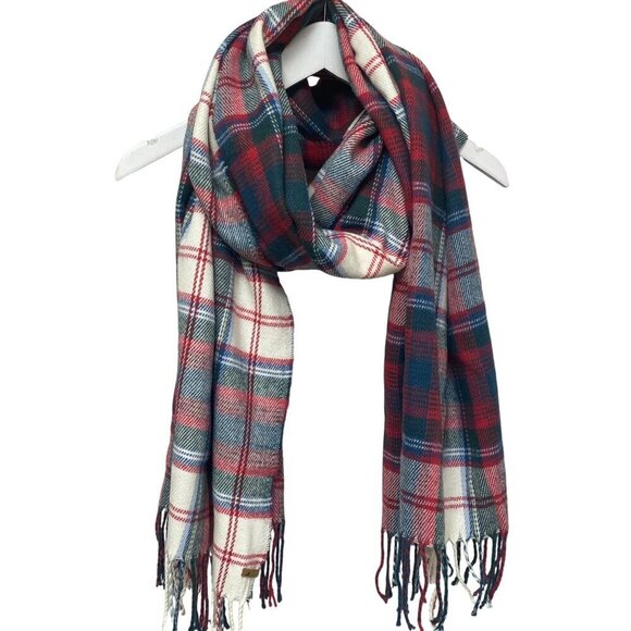 EDDIE BAUER Plaid Blanket Scarf Large Oblong Red Blue Preppy Acrylic 80" long - Picture 1 of 8